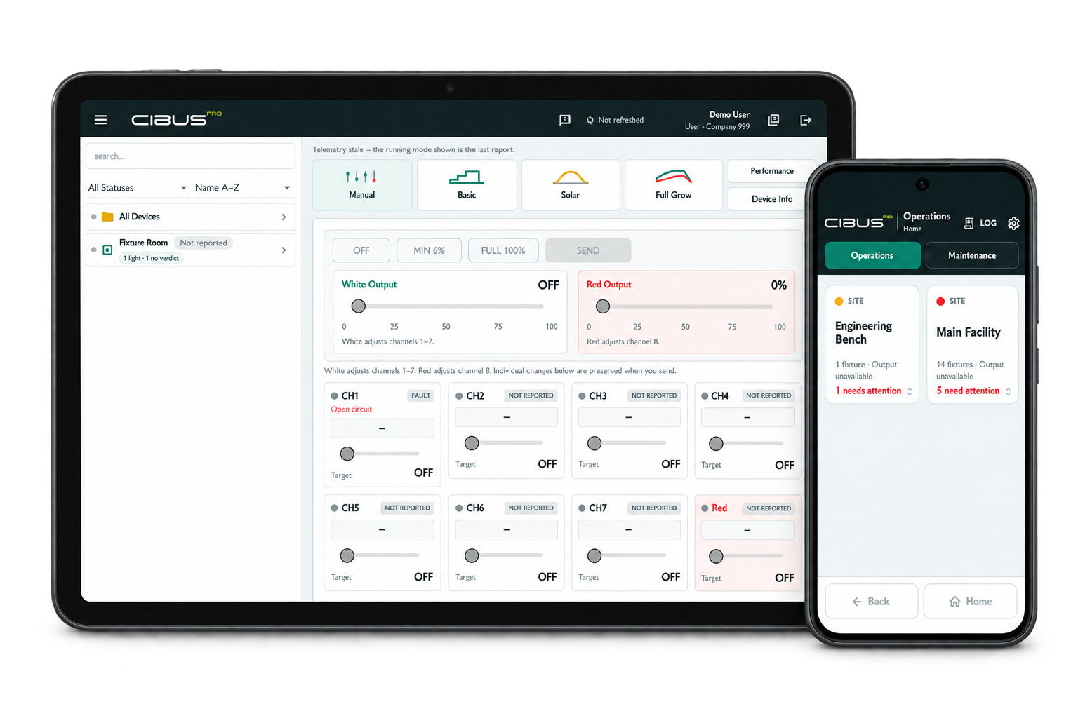 CibusPRO management app previews on a landscape tablet and a phone, showing lighting controls and facility operations